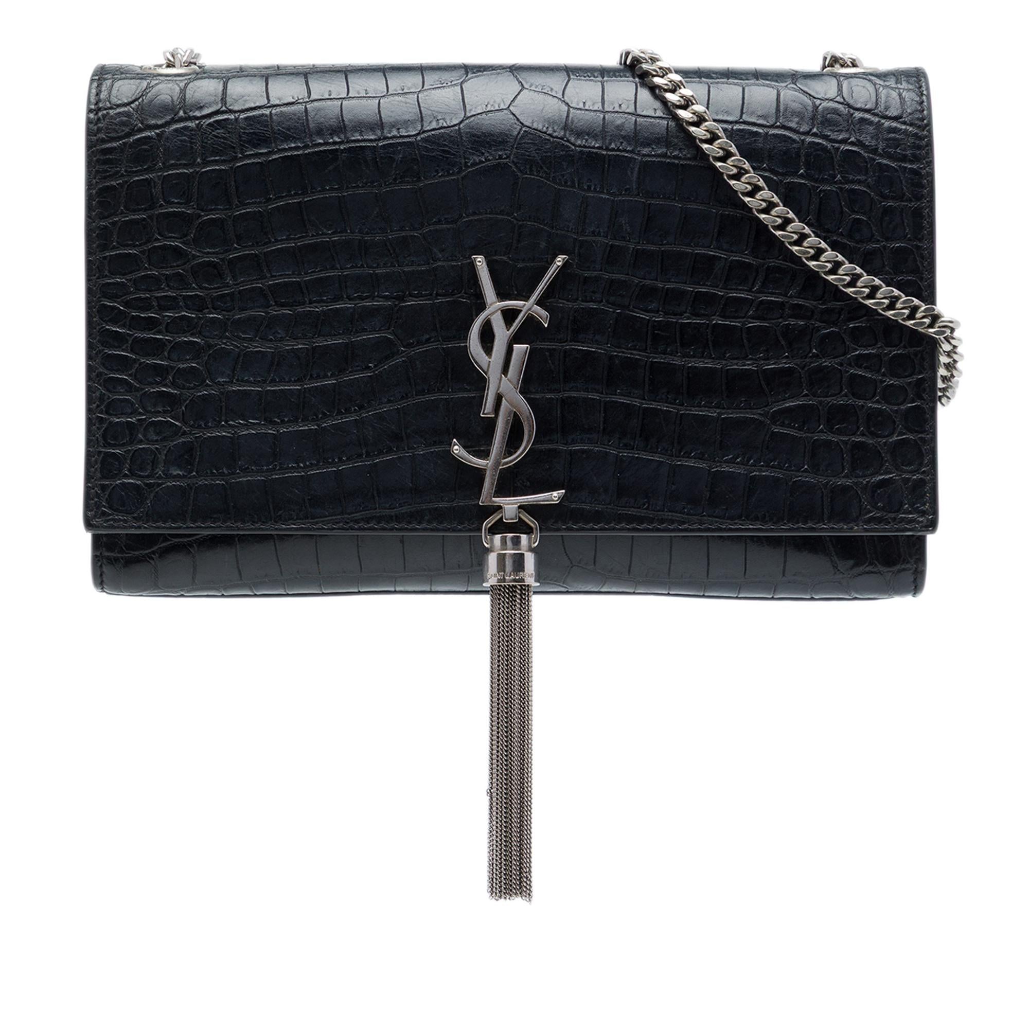 Saint Laurent Medium Croc Embossed Leather Monogram Kate Tassel Crossbody
