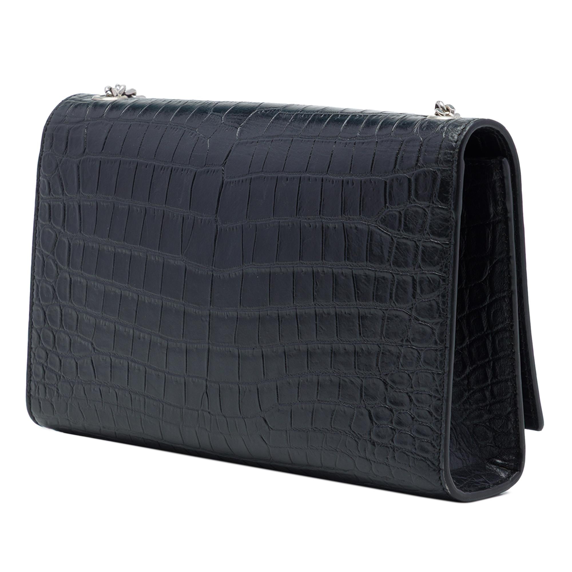 Saint Laurent Medium Croc Embossed Leather Monogram Kate Tassel Crossbody