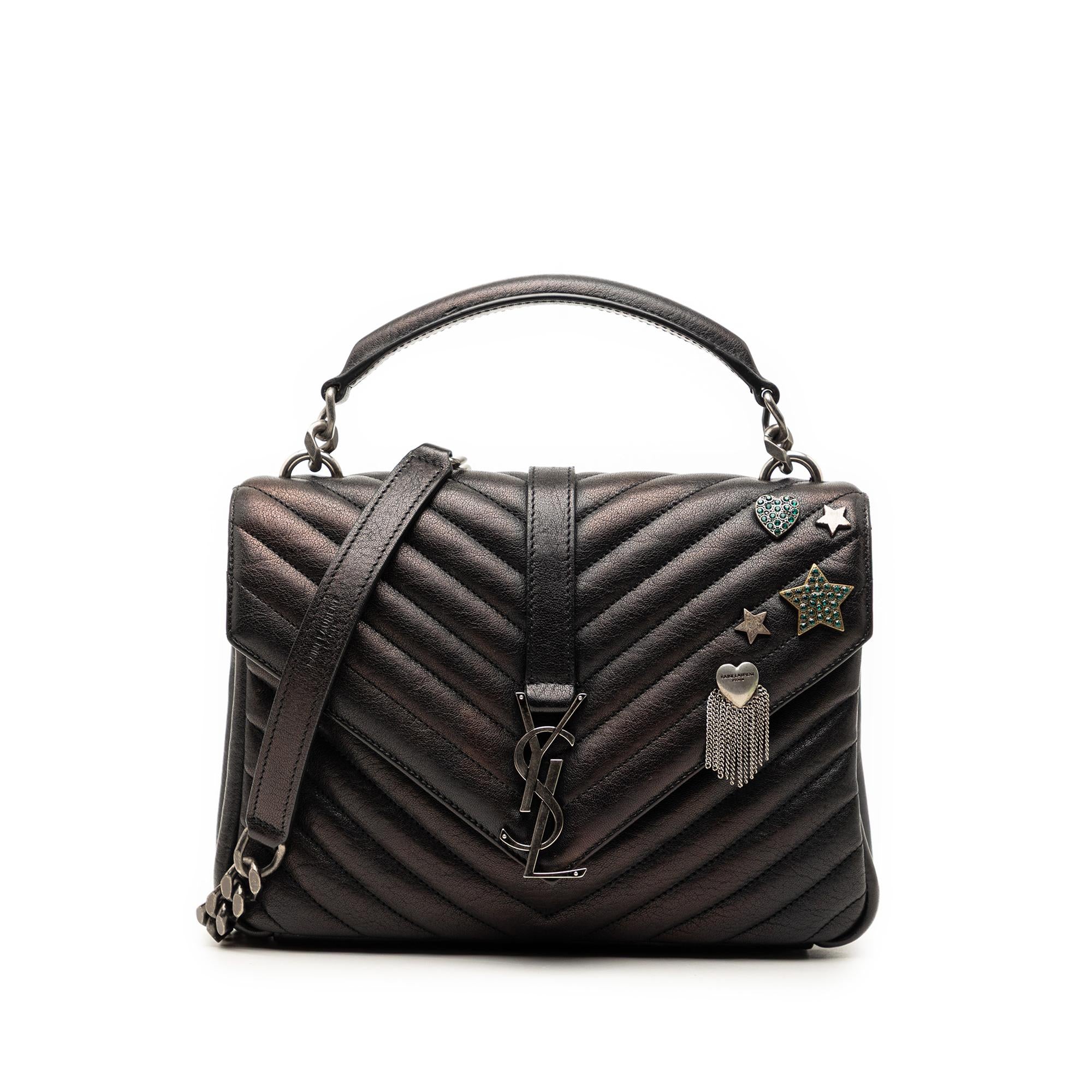 Saint Laurent Medium Metallic Chevron Sheepskin Monogram College Pins Satchel