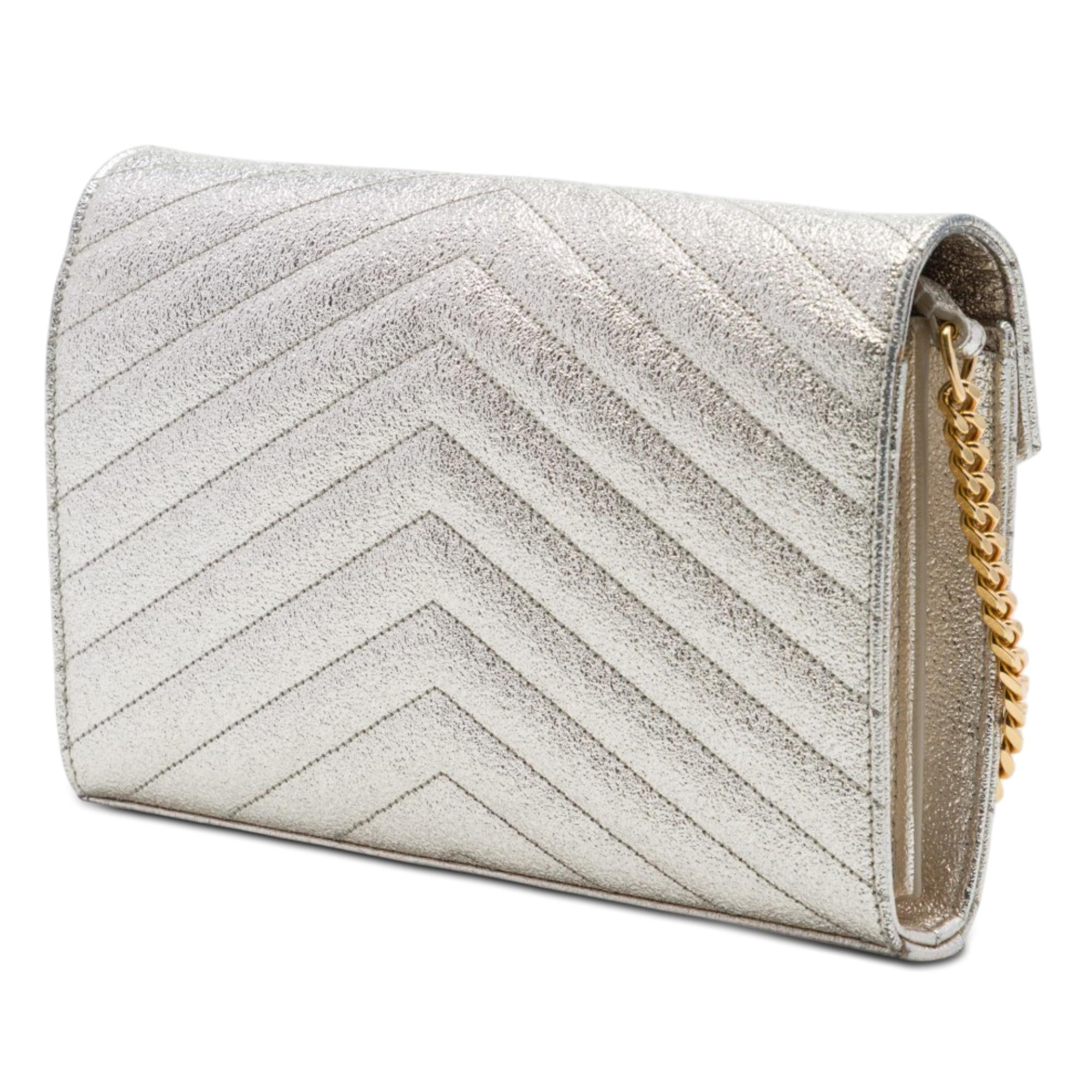 Saint Laurent Metallic Grain De Poudre Matelasse Chevron Monogram Chain Wallet