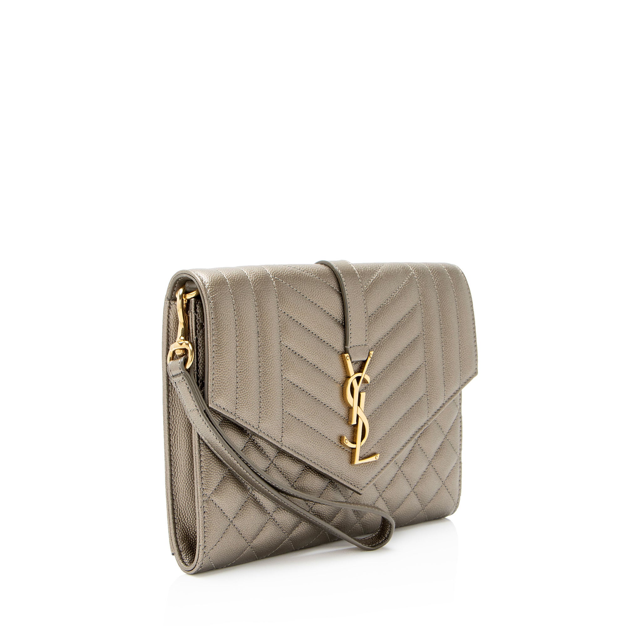 Saint Laurent Metallic Mixed Matelasse Grain de Poudre Monogram Envelope Pouch