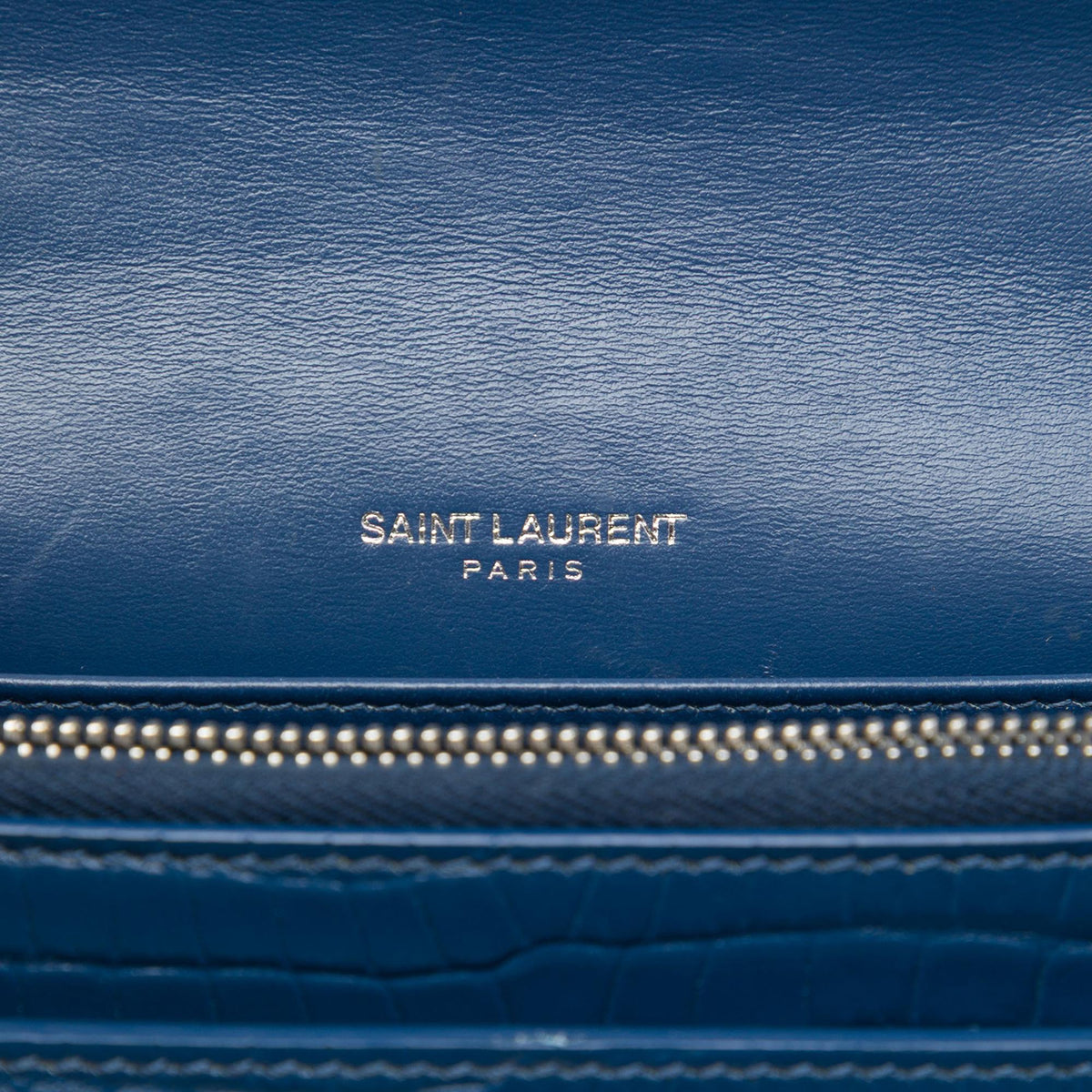 Saint Laurent Mini Croc Embossed Leather Monogram Sunset Wallet on Chain