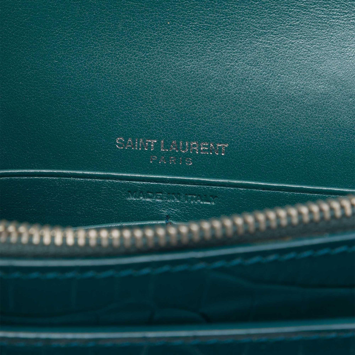 Saint Laurent Mini Croc Embossed Leather Monogram Sunset Wallet on Chain