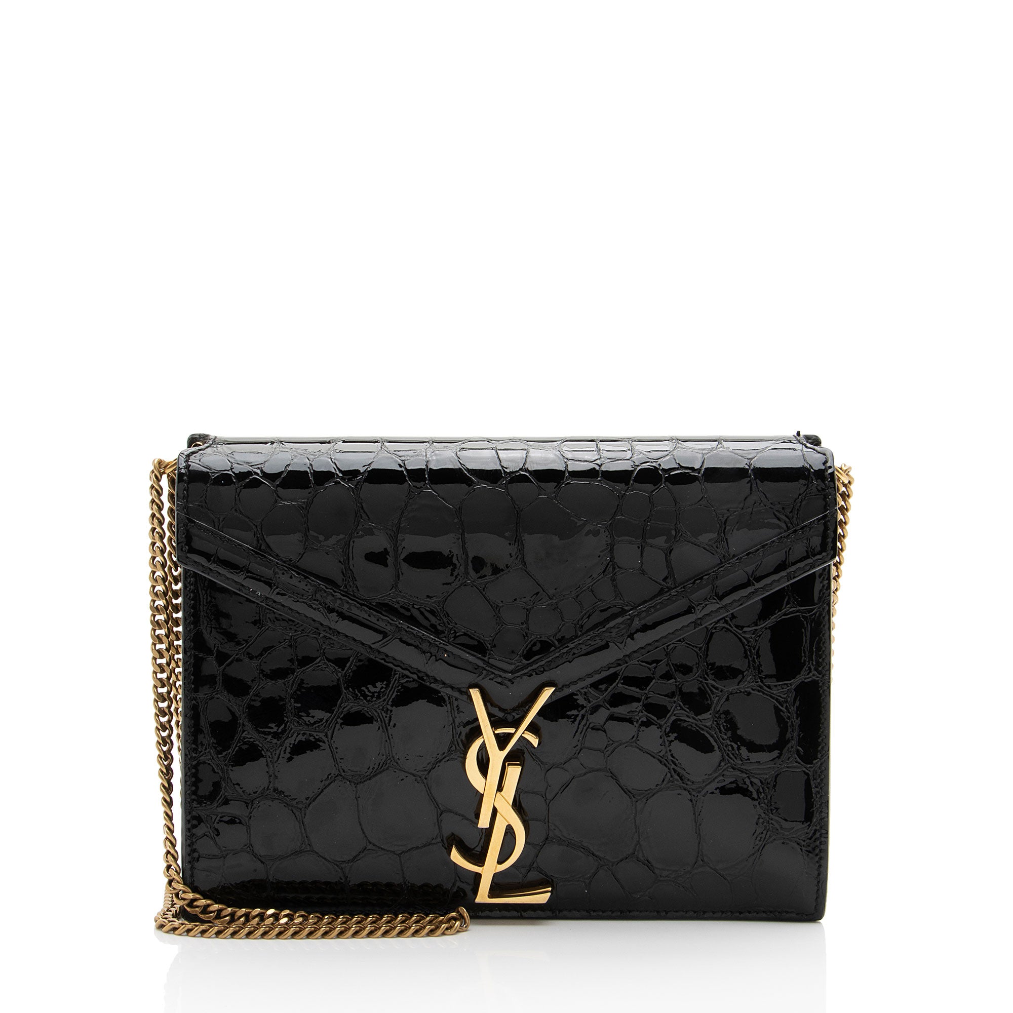 Saint Laurent Croc Embossed Patent Leather Monogram Cassandra Medium Chain Bag