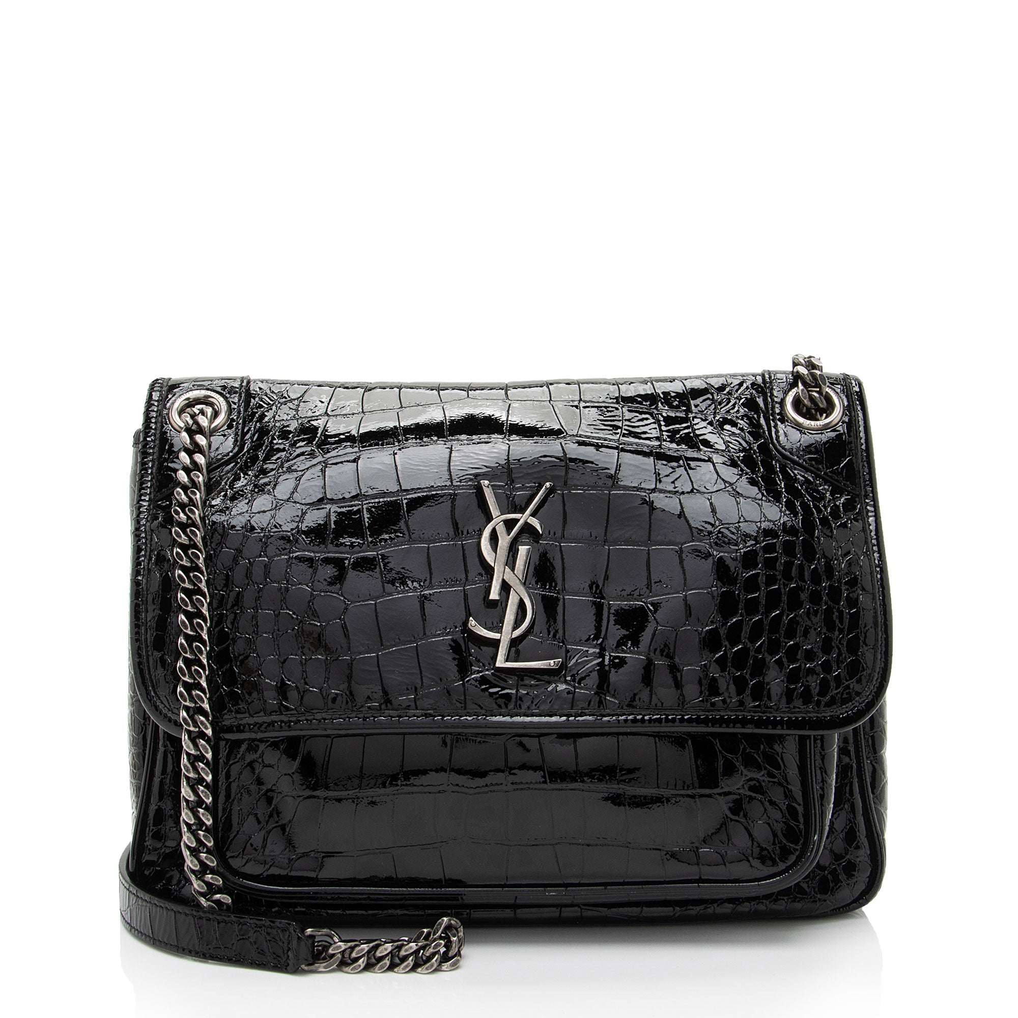 Saint Laurent Patent Croc Embossed Leather Monogram Niki Medium Shoulder Bag (SHF-zhfiM7)