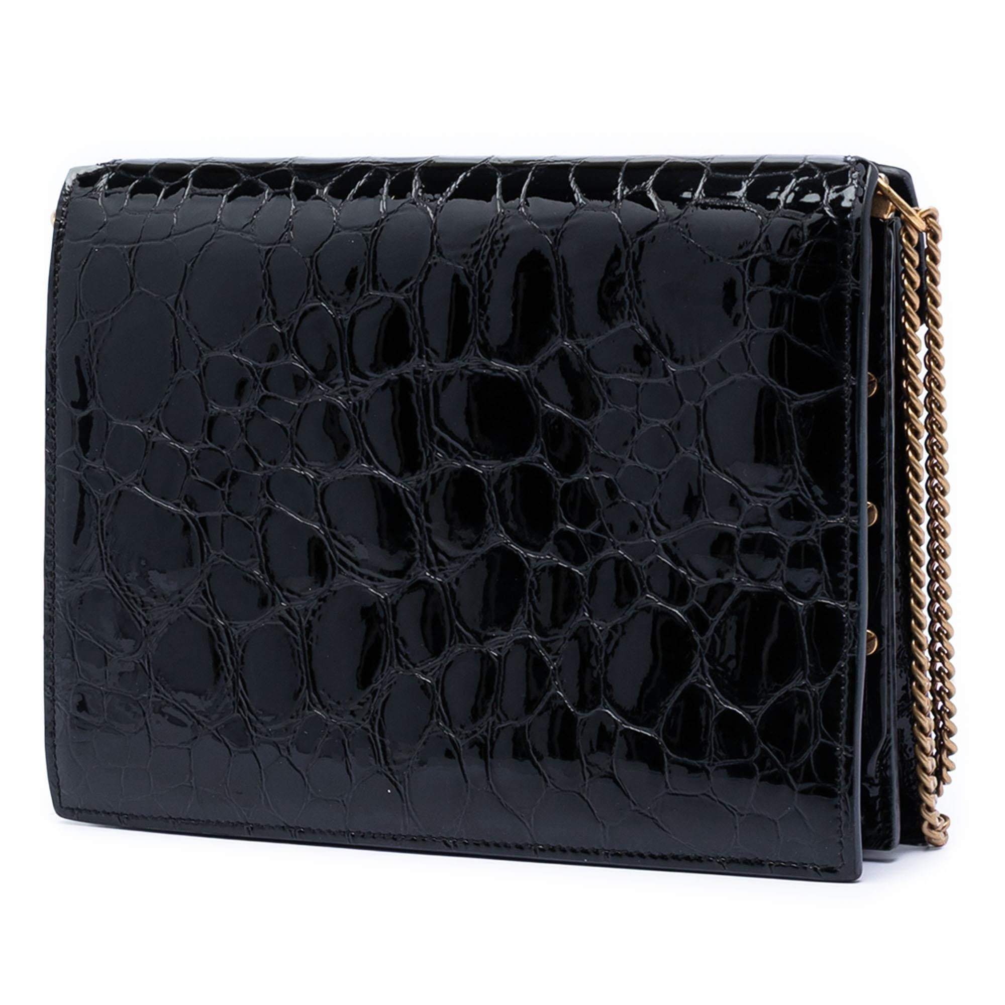 Saint Laurent Shiny Croc Embossed Calfskin Monogram Cassandra Chain Wallet