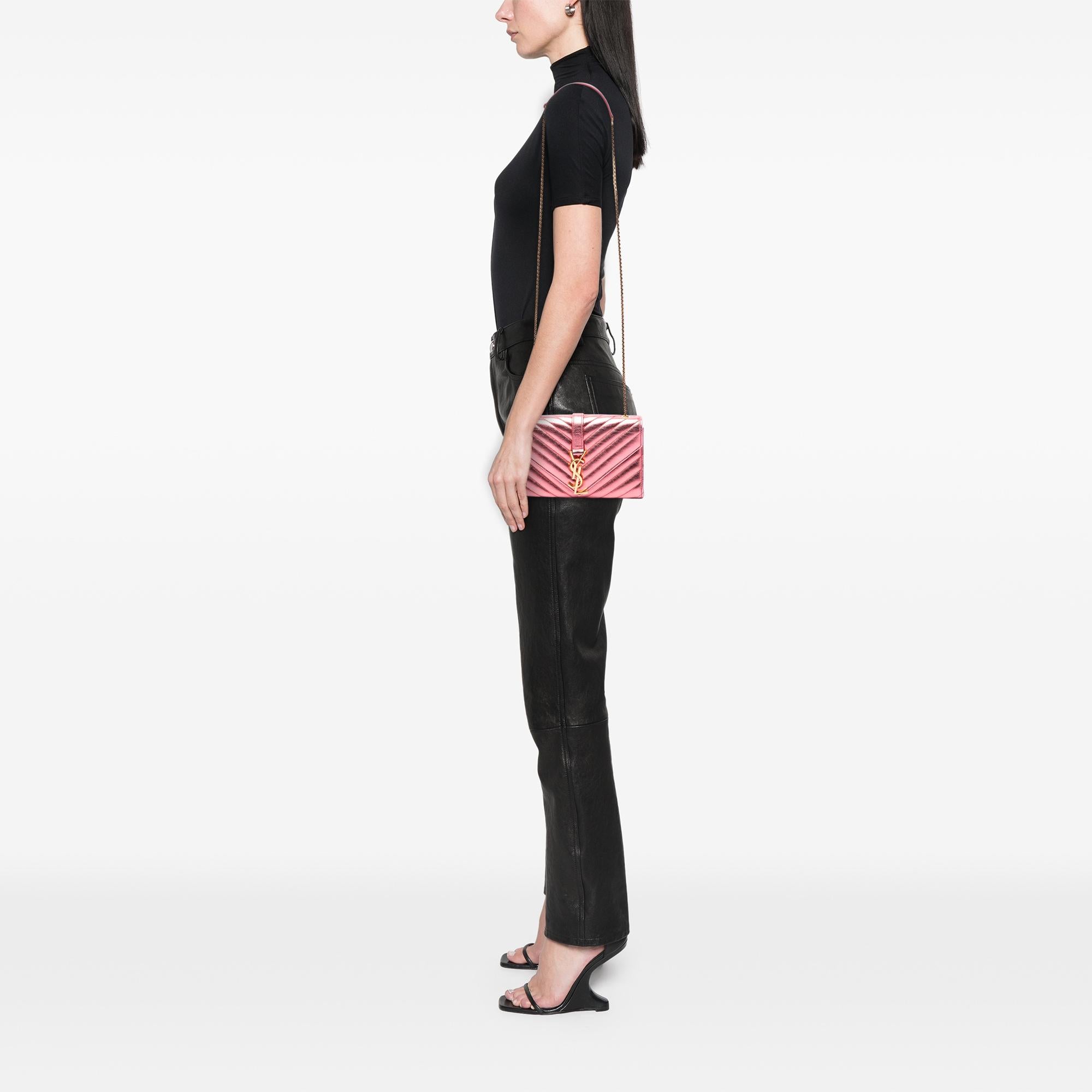 Saint Laurent Small Chevron Metallic Calfskin Monogram Envelope Bag