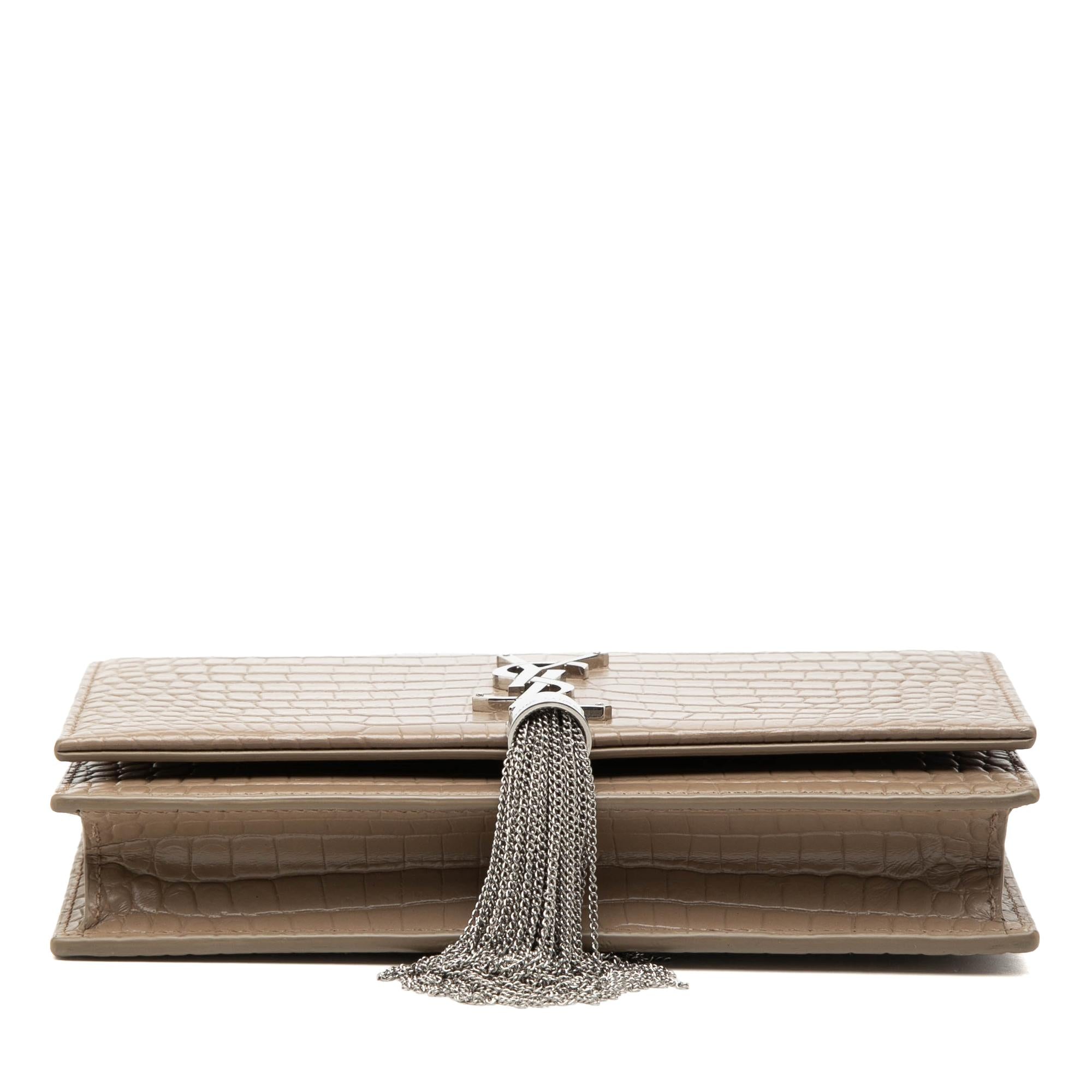 Saint Laurent Small Croc Embossed Leather Monogram Kate Tassel Wallet on Chain