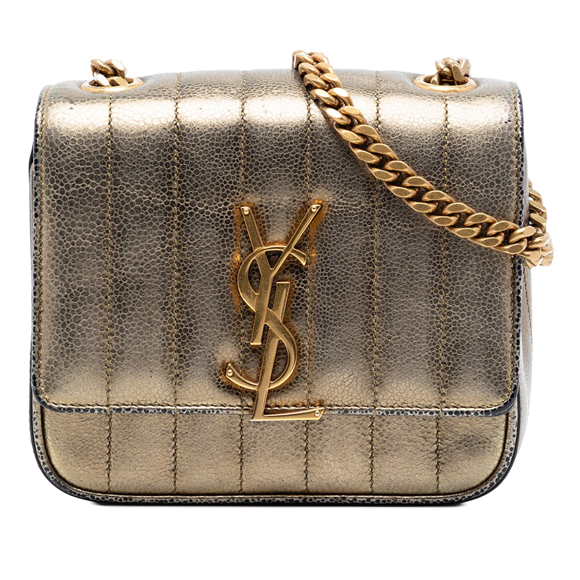 Saint Laurent Small Metallic Grain De Poudre Monogram Vicky Chain Bag