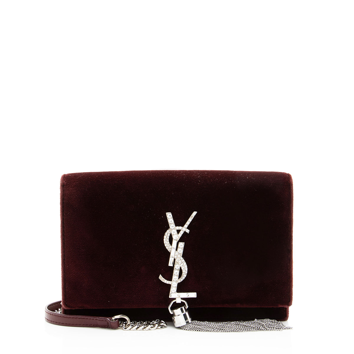 Saint Laurent Velvet Crystal Monogram Kate Tassel Chain Wallet