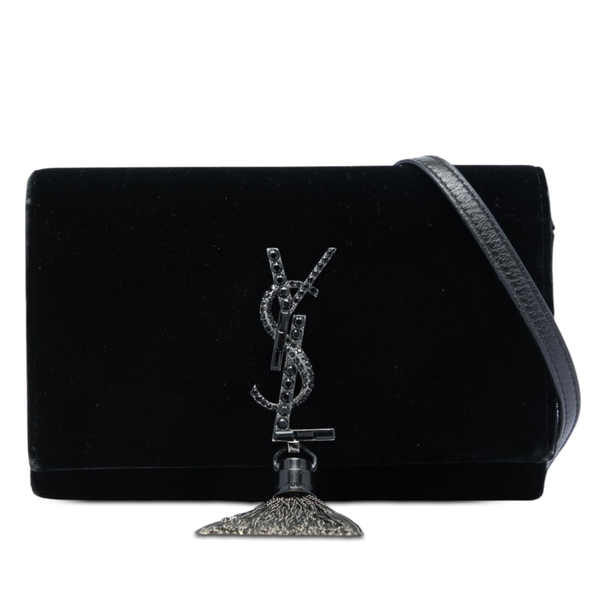 Saint Laurent Velvet Crystal Monogram Kate Tassel Wallet on Chain