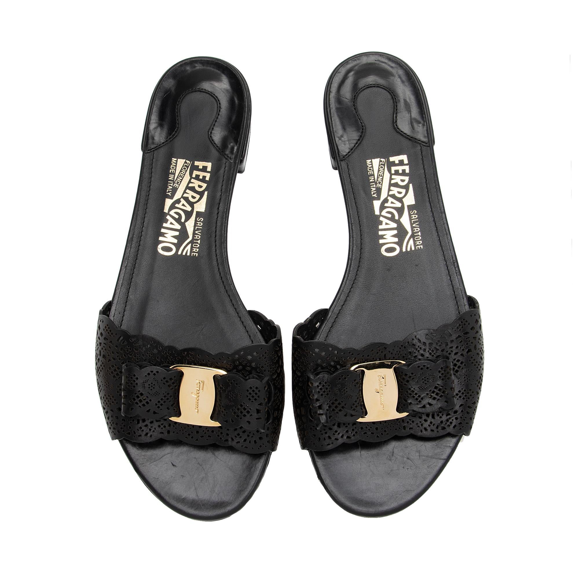 Salvatore Ferragamo Calfskin Laser Cut Gil Wide Slide Sandals - Size 7.5 D / 37.5 D (SHF-df0Aqn)