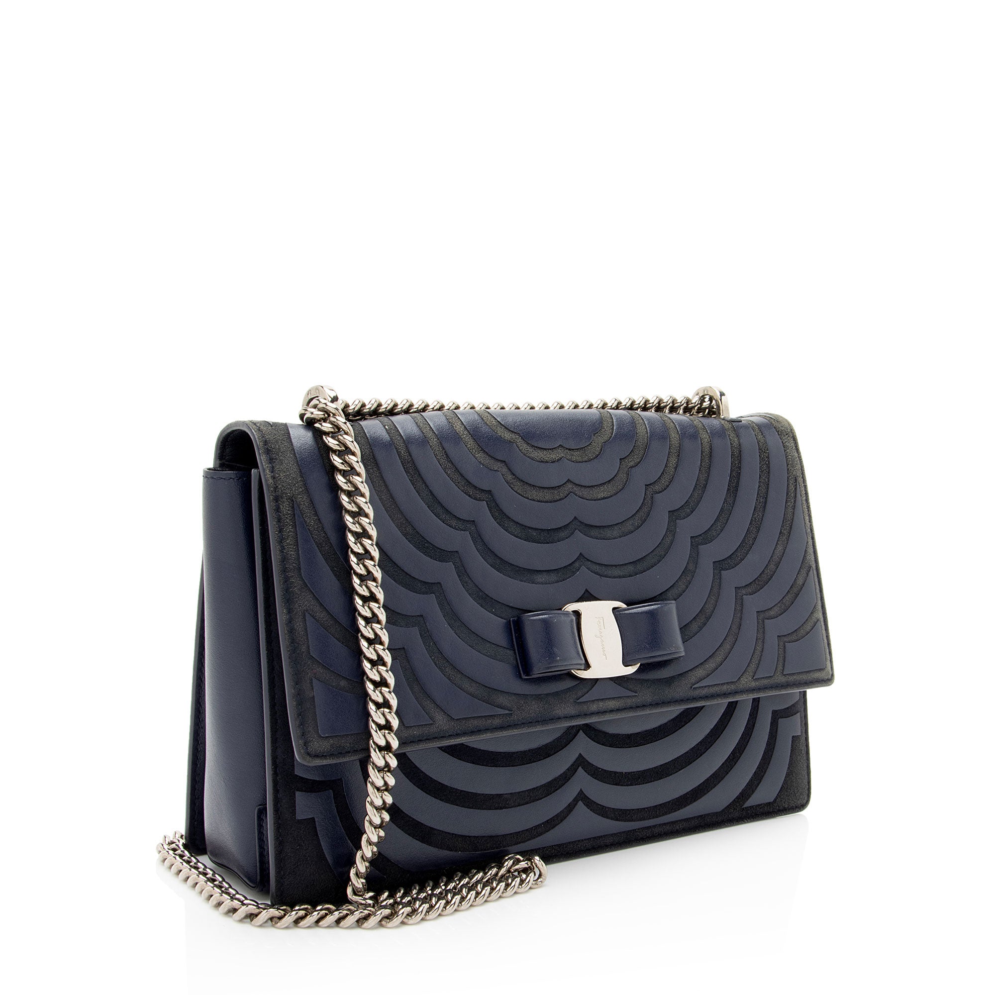 Ferragamo Calfskin Suede Vara Bow Chain Flap Bag