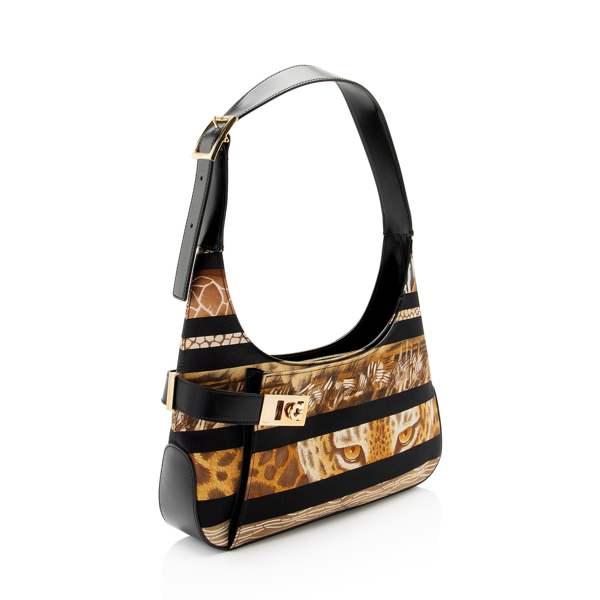 Salvatore Ferragamo Leather Canvas Tiger Print Shoulder Bag (SHF-yutKPg)