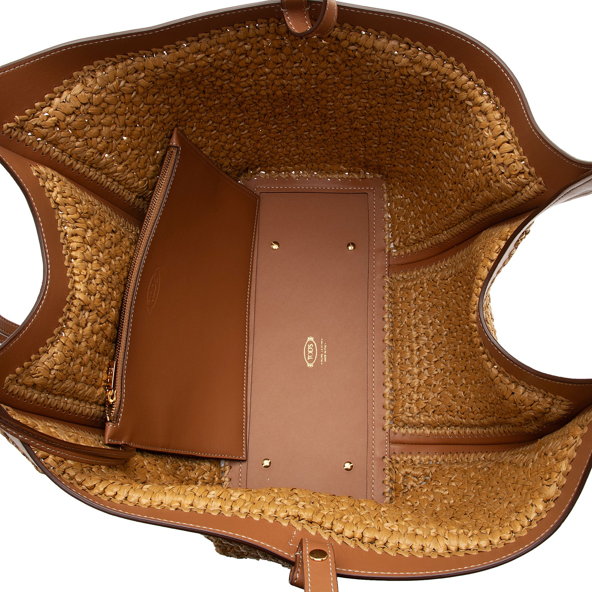 Tod's Raffia Leather Timeless T Medium Shopping Tote (SHF-z1wQMm)