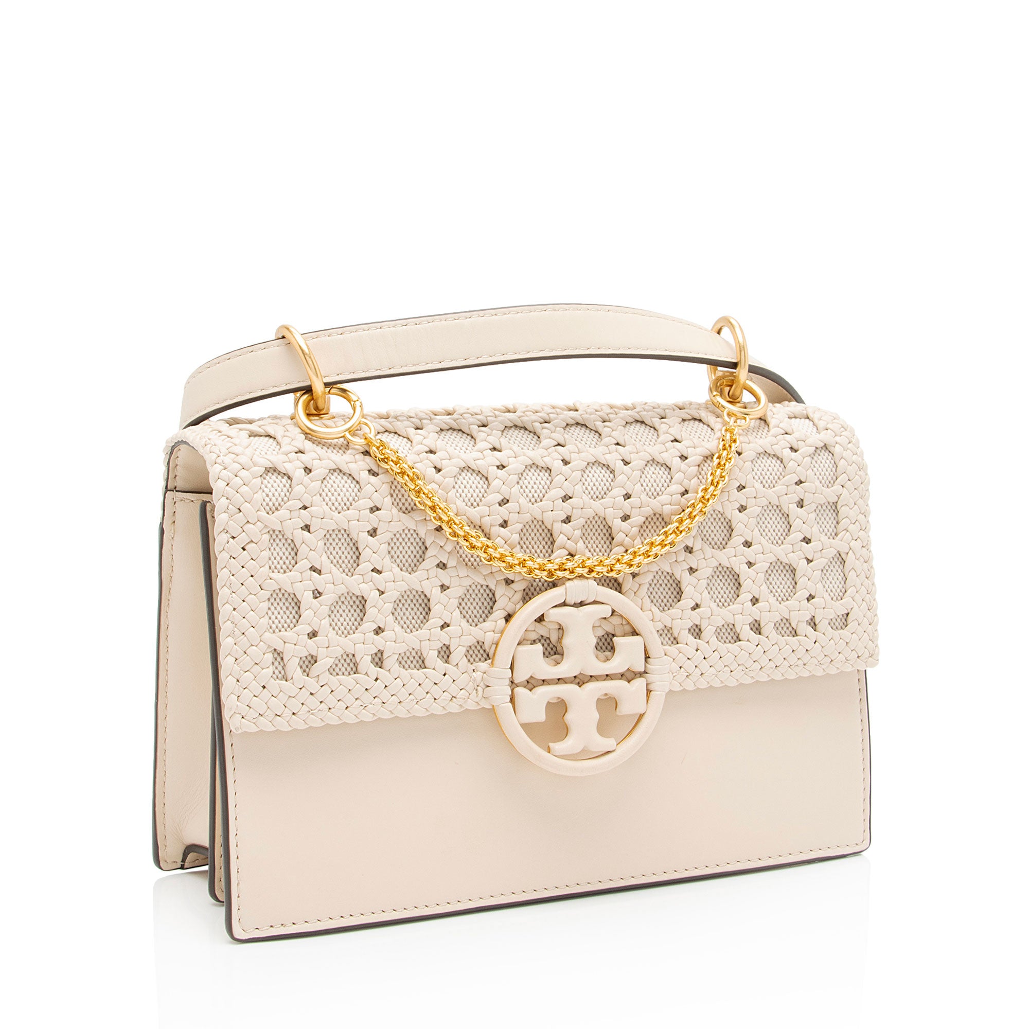Tory Burch Leather Basket-Weave Small Flap Shoulder Bag (SHF-2WOJ4u)