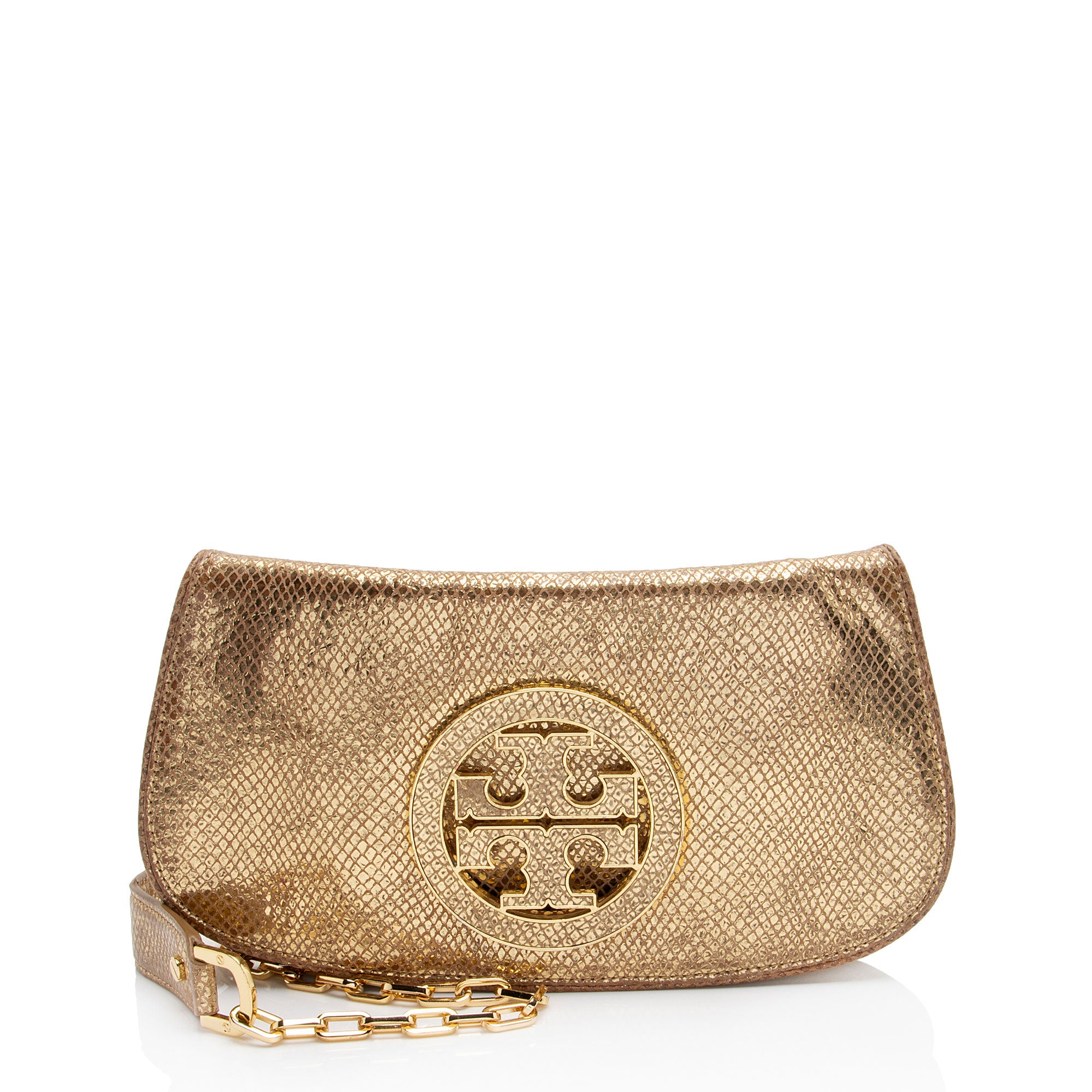 Tory Burch Metallic Embossed Snakeskin Leather Reva Clutch (SHF-q2T2di