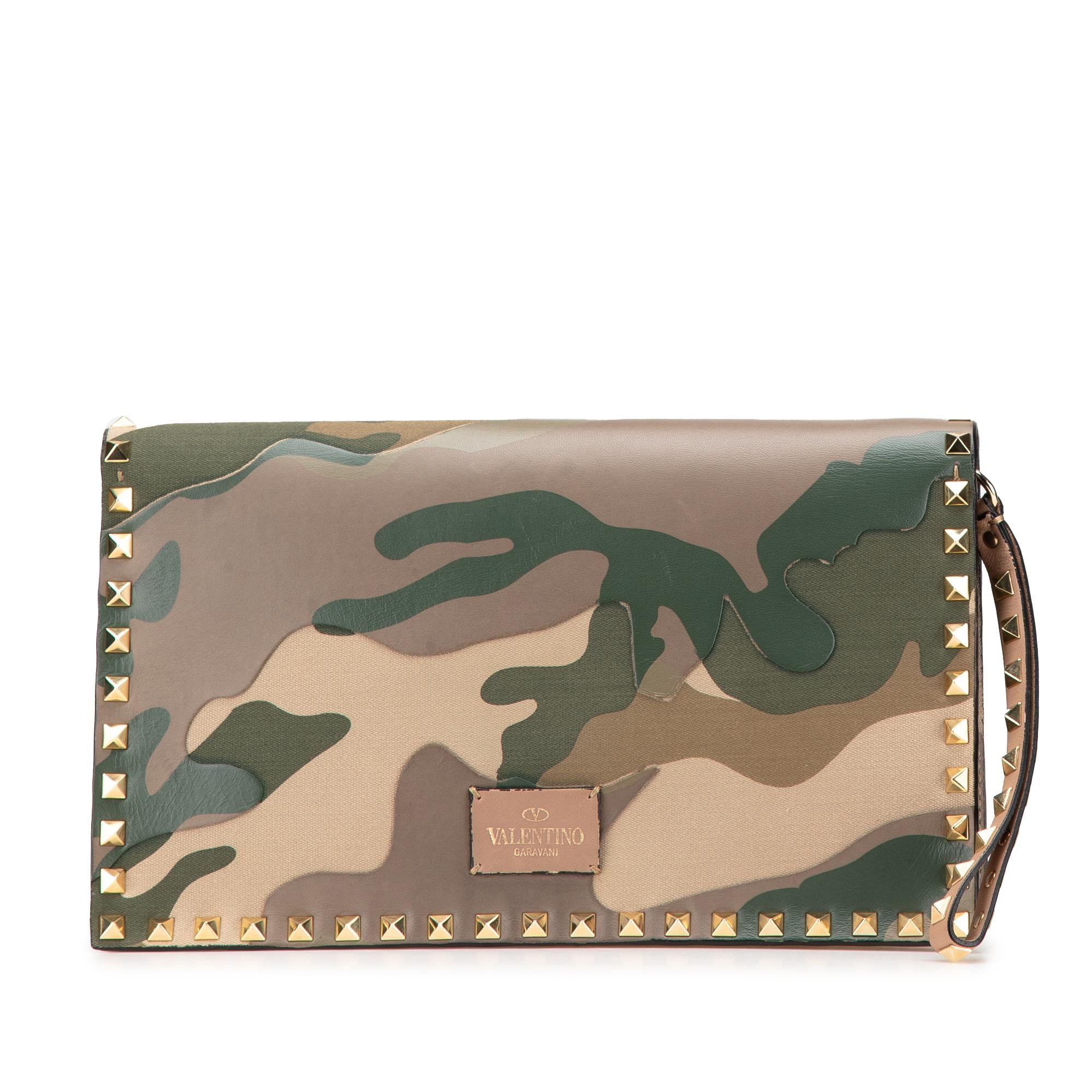 Valentino Canvas and Nappa Camouflage Rockstud Wristlet Clutch