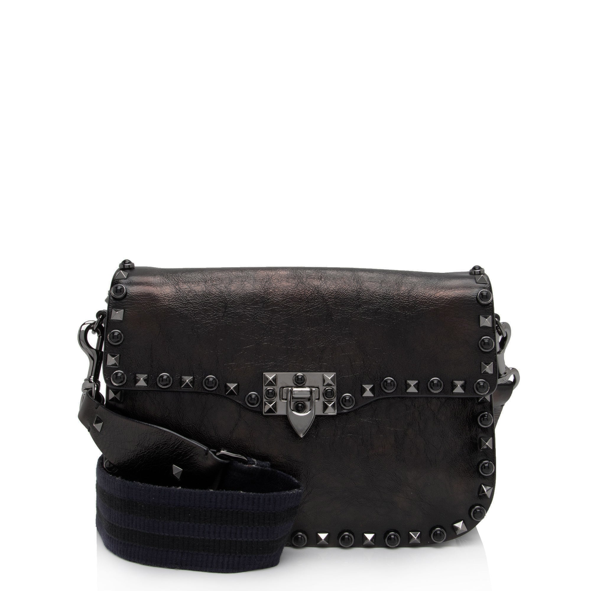 Valentino Craquele Calfskin Rolling Rockstud Guitar Strap Medium Crossbody (SHF-O6C3vW)