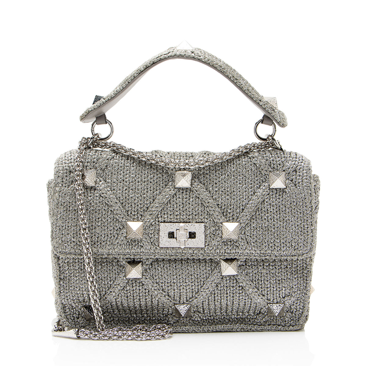 Valentino Metallic Lurex Knit Roman Stud Medium Shoulder Bag