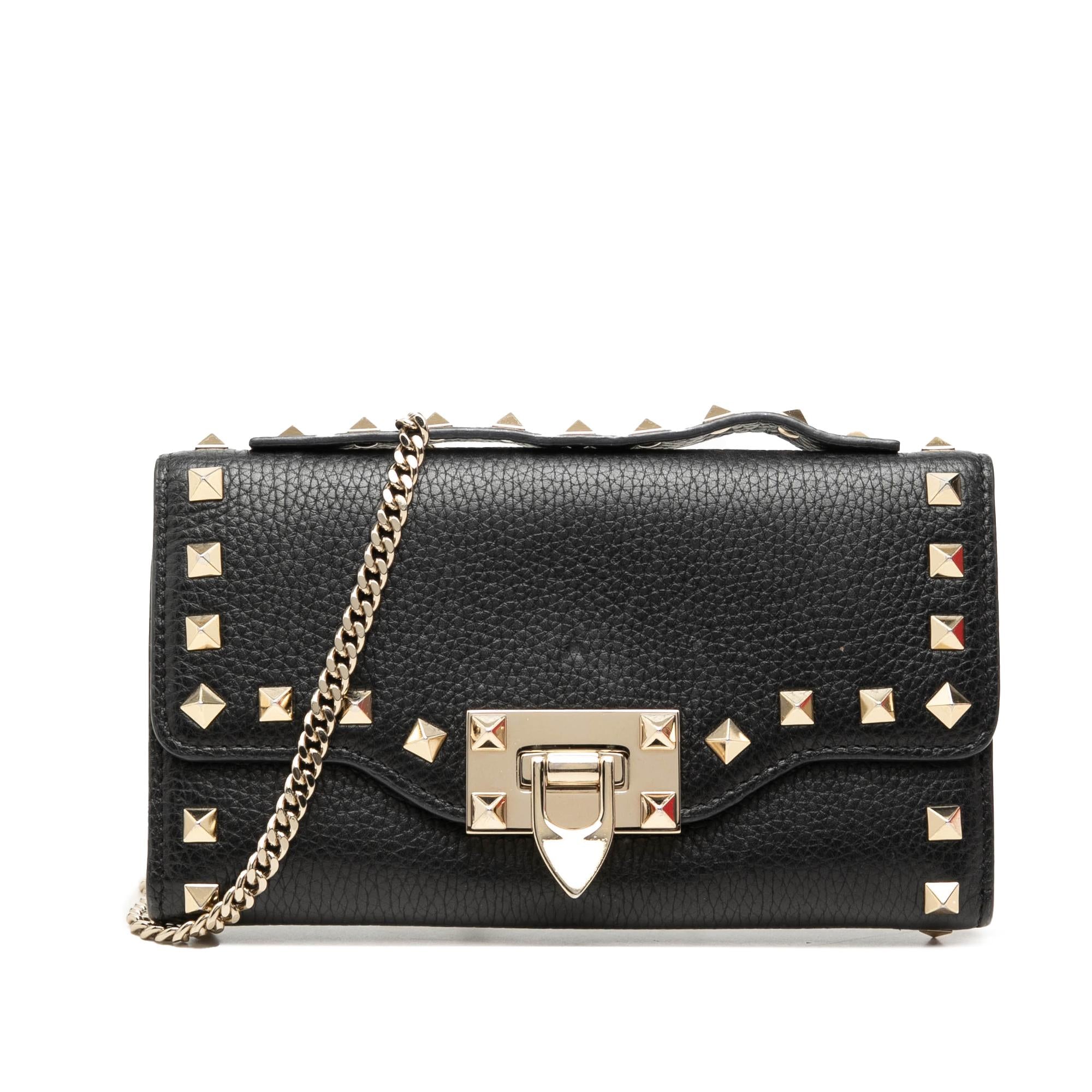 Valentino Pebbled Calfskin Rockstud Flip Lock Wallet On Chain