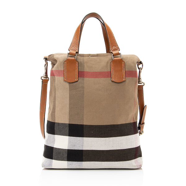 BURBERRY: leather and tartan fabric tote bag - Black