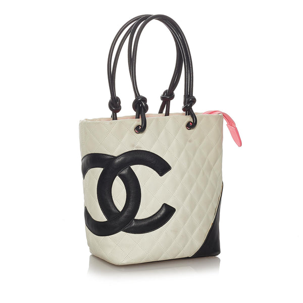 CHANEL Calfskin Quilted Small Cambon Tote Black White 69453
