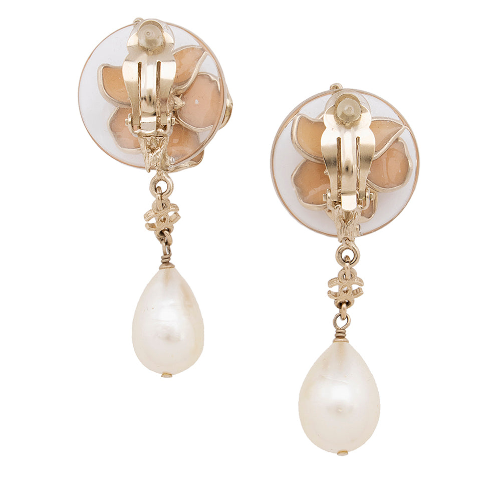 Chanel Flower Pearl Drop Clip On Earrings (SHF-18532)