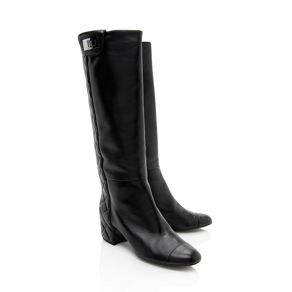 Chanel Quilted Lambskin Knee High Boots - Size 8.5 / 38.5 (SHF-18662)