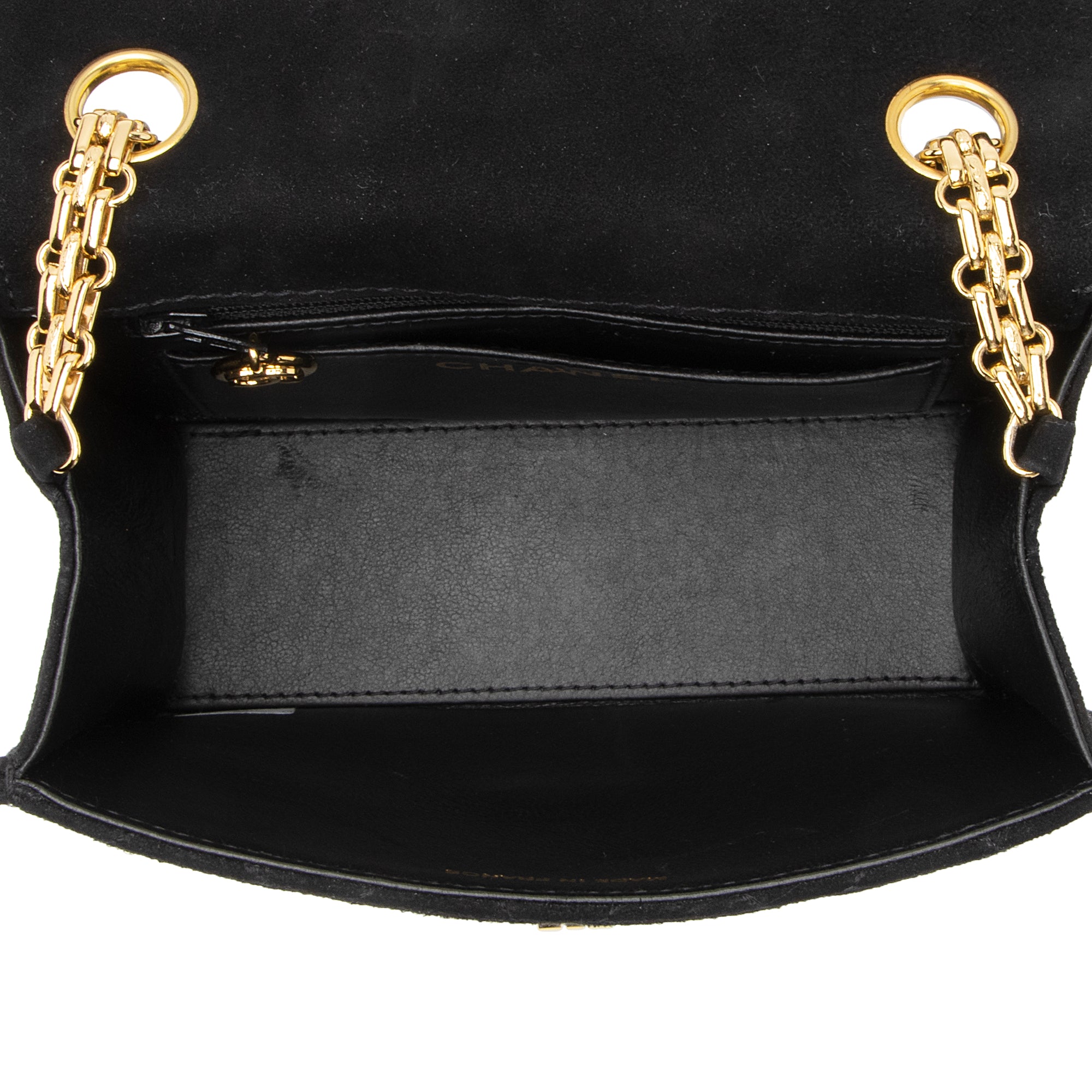 Chanel Vintage Quilted Suede Mademoiselle Bijoux Chain Mini Flap Bag (SHF-23077)