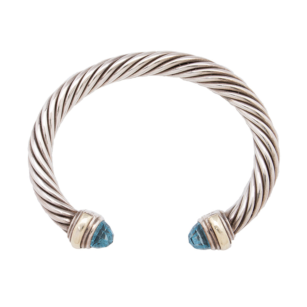 David Yurman Sterling Silver 14k Gold Blue Topaz Cable Classics 5mm Bracelet (SHF-18527)