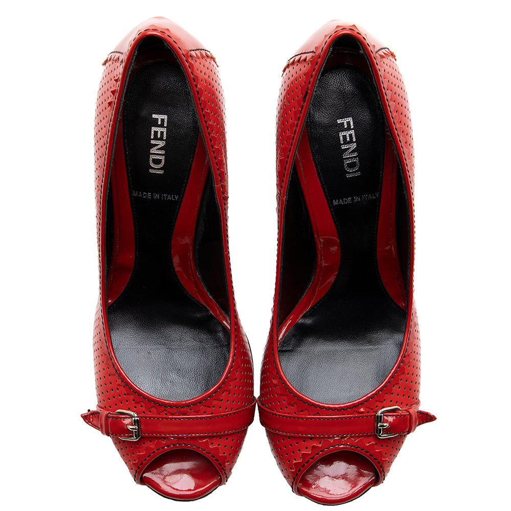 Fendi Perforated Leather Buckle Detail Peep Toe Pumps - Size 6.5 / 36.5 (SHF-18590)