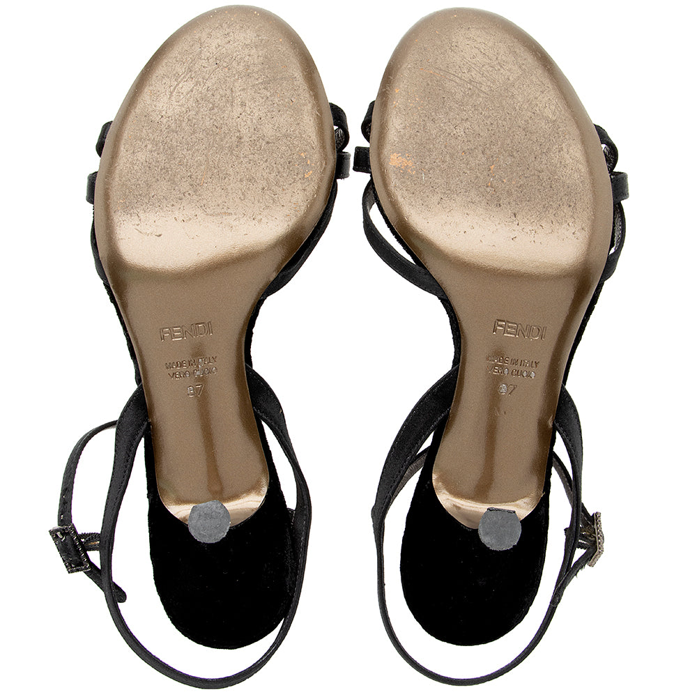 Fendi Velvet Crystal Logo Embellished Sandals - Size 7 / 37 (SHF-17946)