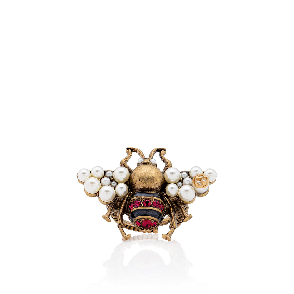 Gucci Faux Pearl & Crystal Bee Ring - Size 8 1/2 (SHF-18551)