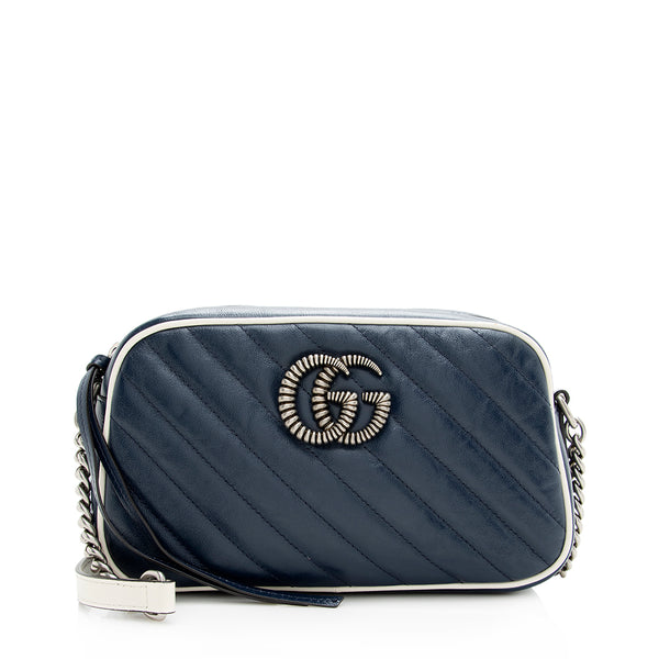 Gucci Blue Diagonal Quilted Leather Marmont Small Torchon Small Camera Bag