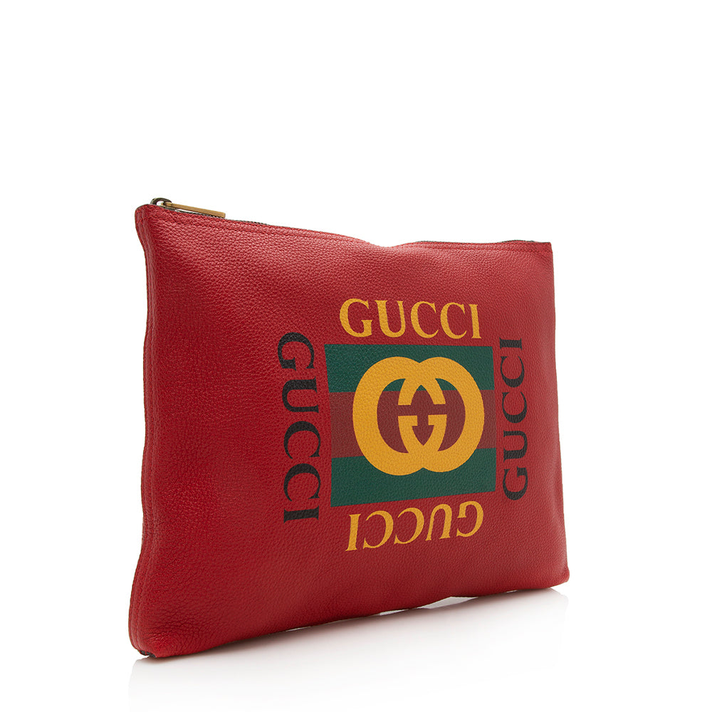 Gucci Pebbled Leather Logo Zip Pouch (SHF-12973)