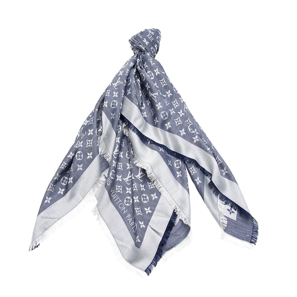 Louis Vuitton Silk & Wool Monogram Denim Monogram Shawl (SHF-21519)