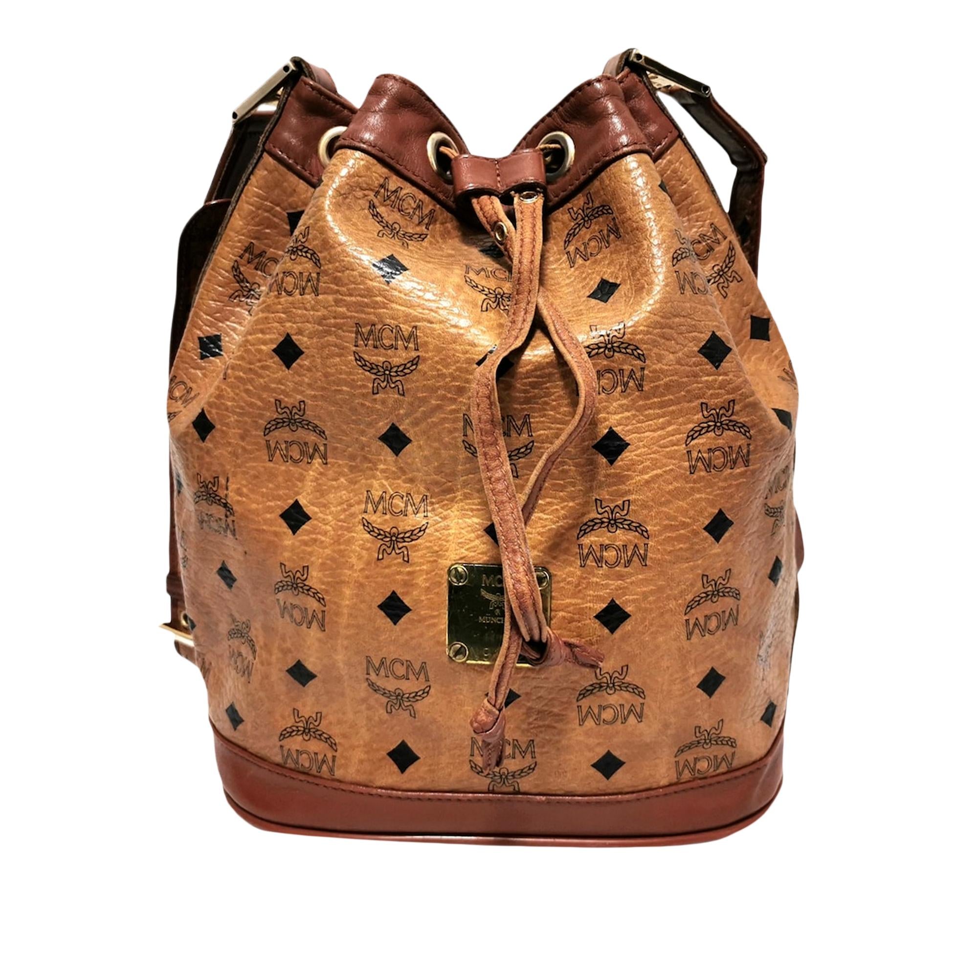 MCM Visetos Leather Drawstring Bucket Bag (SHG-28152)
