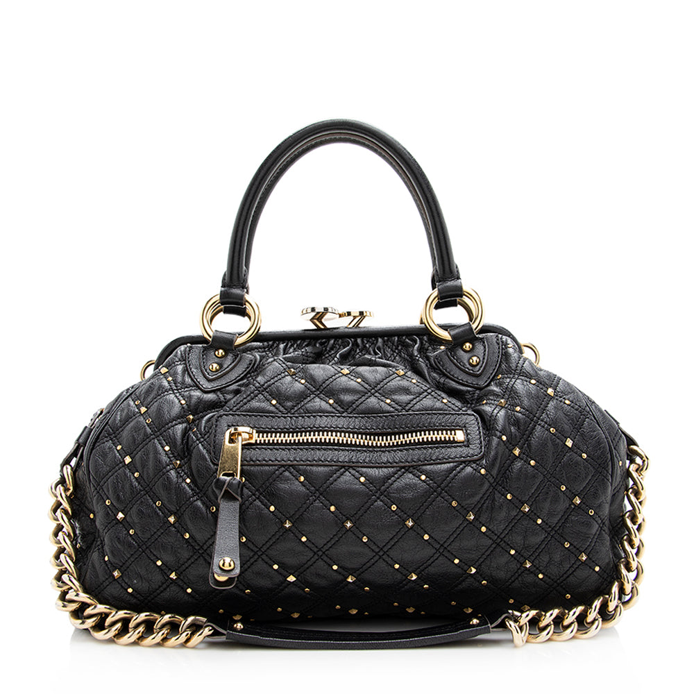 Marc Jacobs Quilted Leather Studded Stam Satchel (SHF-20644)