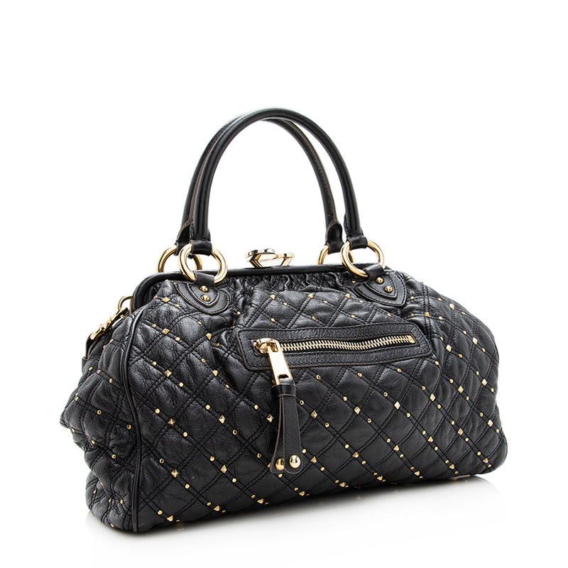 Marc Jacobs Quilted Leather Studded Stam Satchel (SHF-20644)