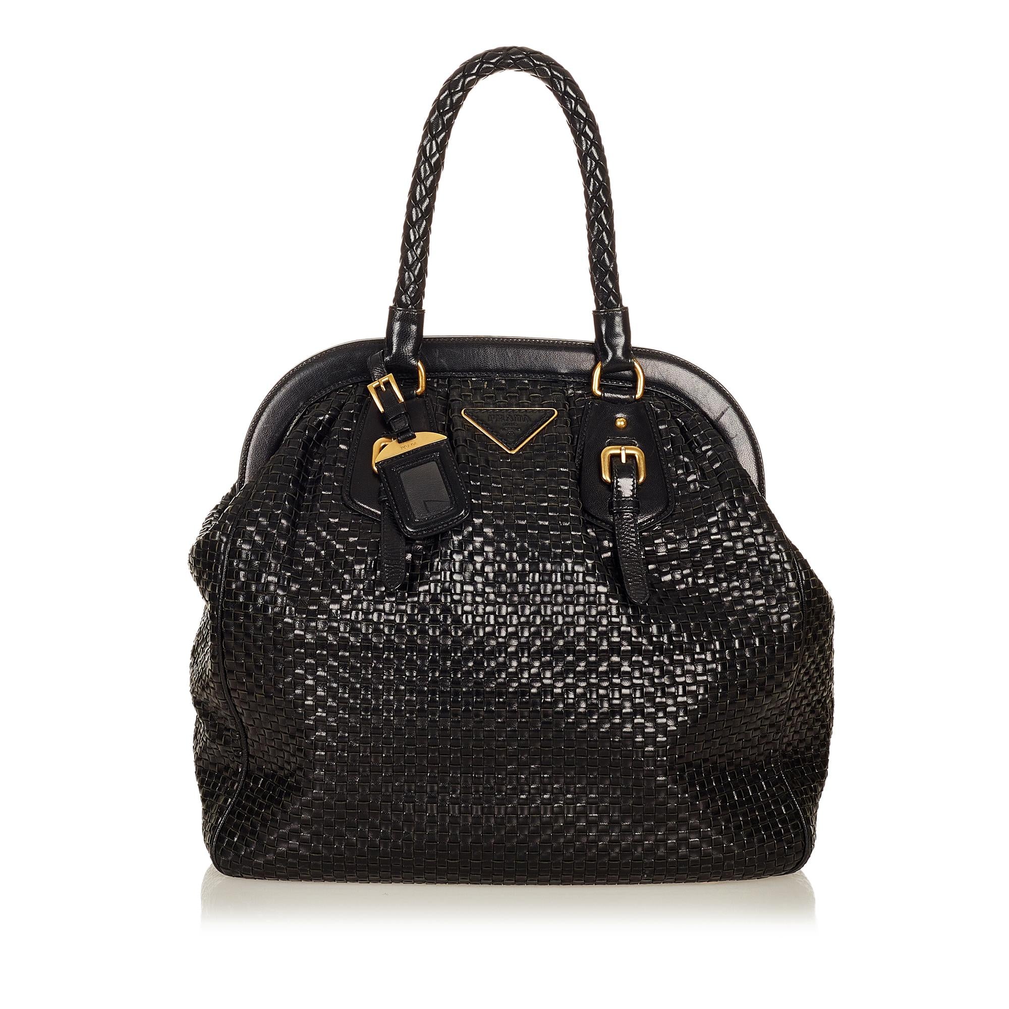 Prada Frame Woven Leather Tote Bag (SHG-26909)
