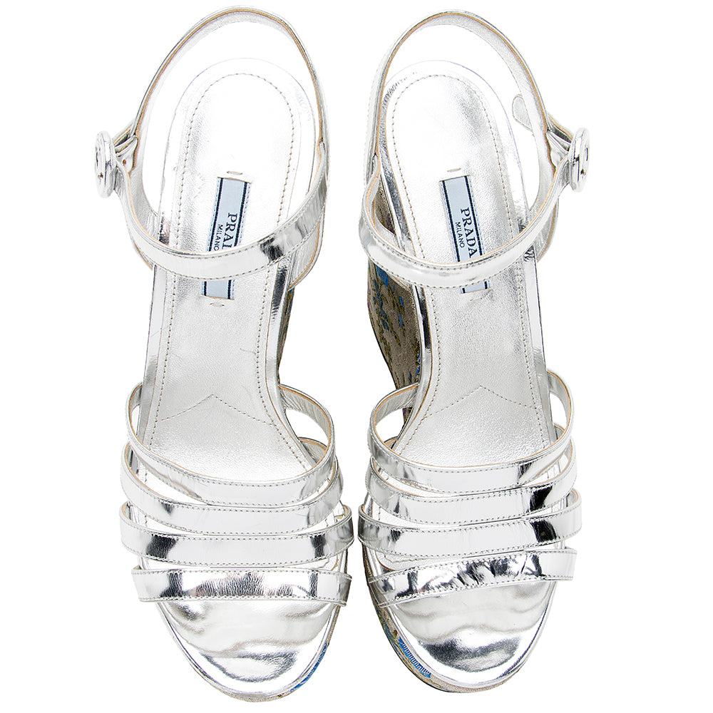 Prada Metallic Floral Jacquard Leather Wedge Sandals - Size 10 / 40 (SHF-18372)