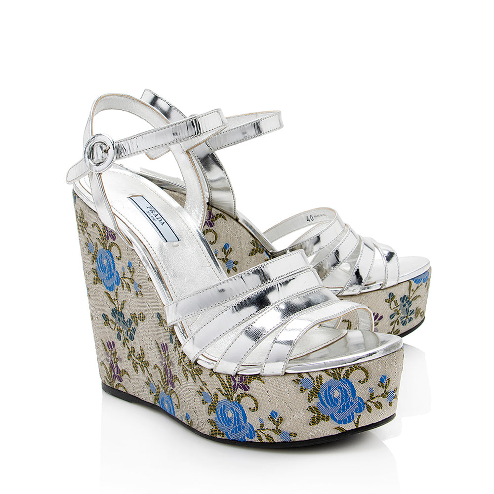 Prada Metallic Floral Jacquard Leather Wedge Sandals - Size 10 / 40 (SHF-18372)