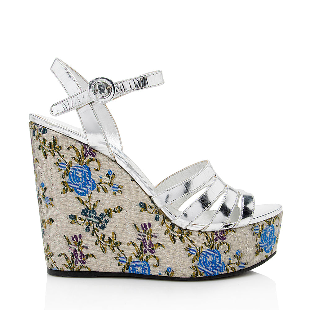 Prada Metallic Floral Jacquard Leather Wedge Sandals - Size 10 / 40 (SHF-18372)