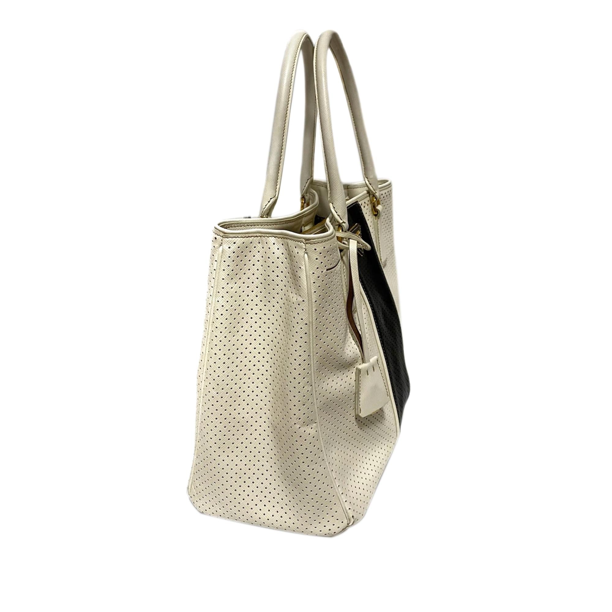 Prada Perforated Saffiano Fori Striped Handbag (SHG-36566)