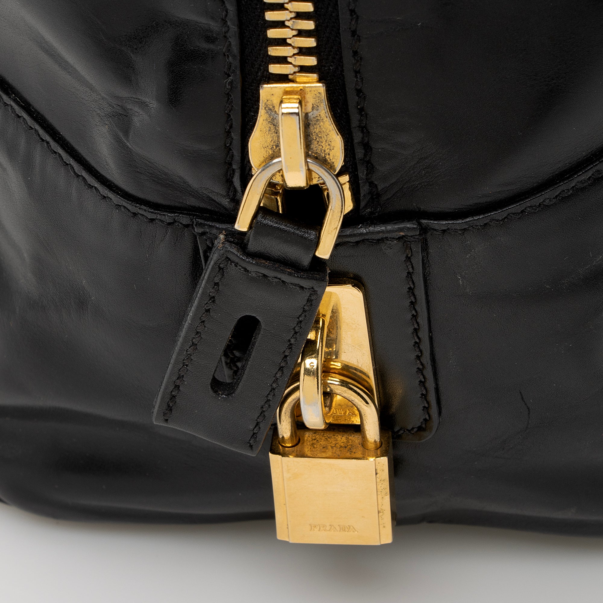 Prada Vitello Daino Spazzolato Logo Medium Bauletto Satchel (SHF-22727)