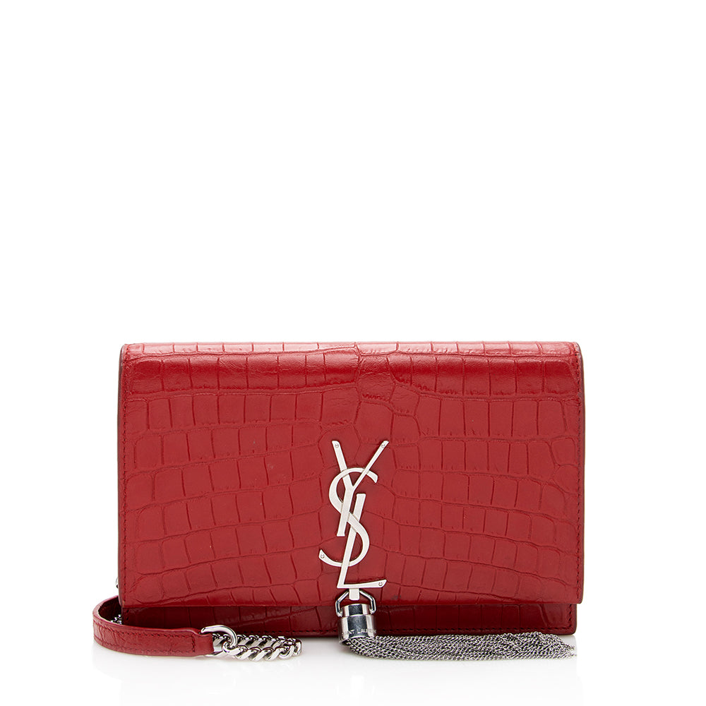 Saint Laurent Croc Embossed Leather Kate Tassel Shoulder Bag (SHF-18917)