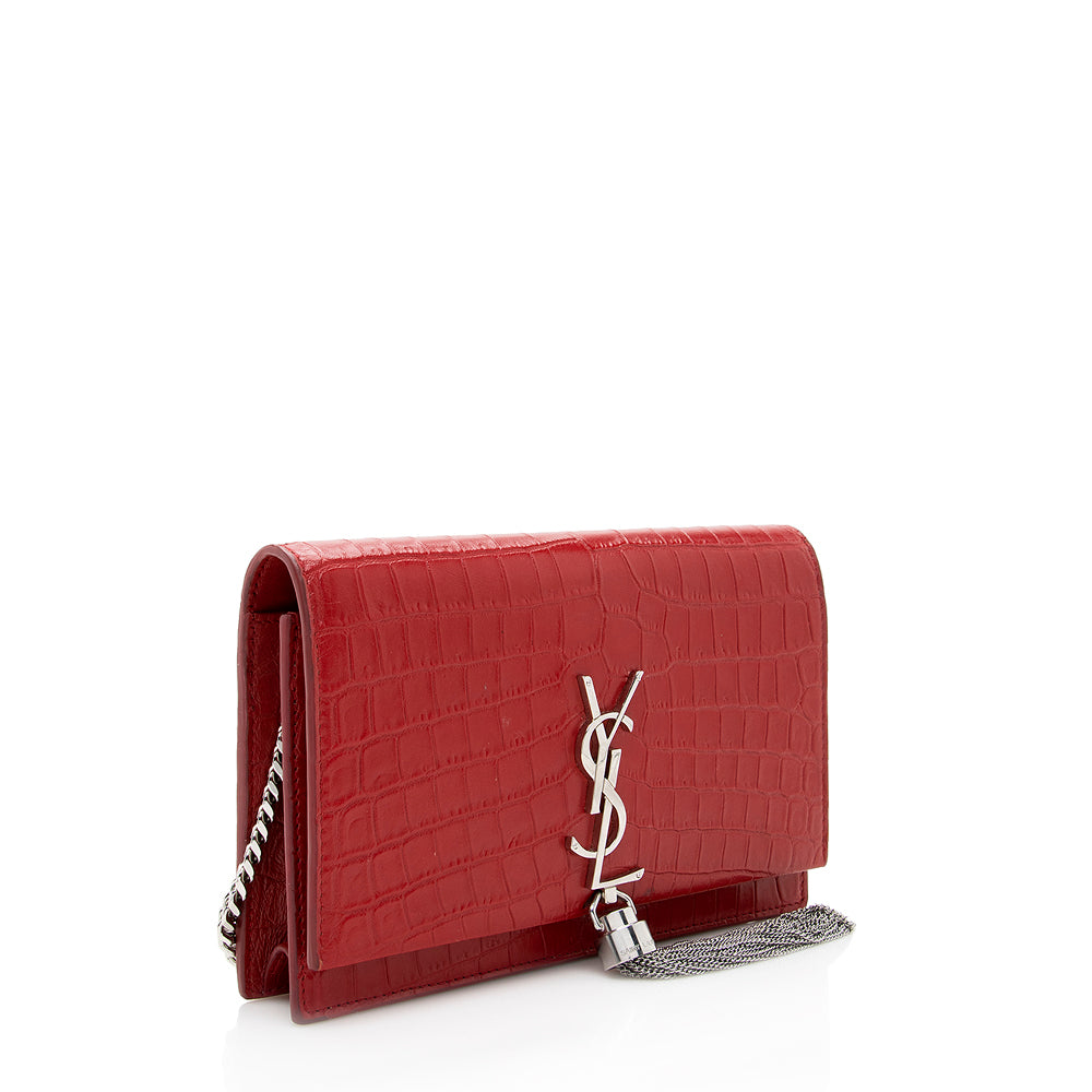 Saint Laurent Croc Embossed Leather Kate Tassel Shoulder Bag (SHF-18917)