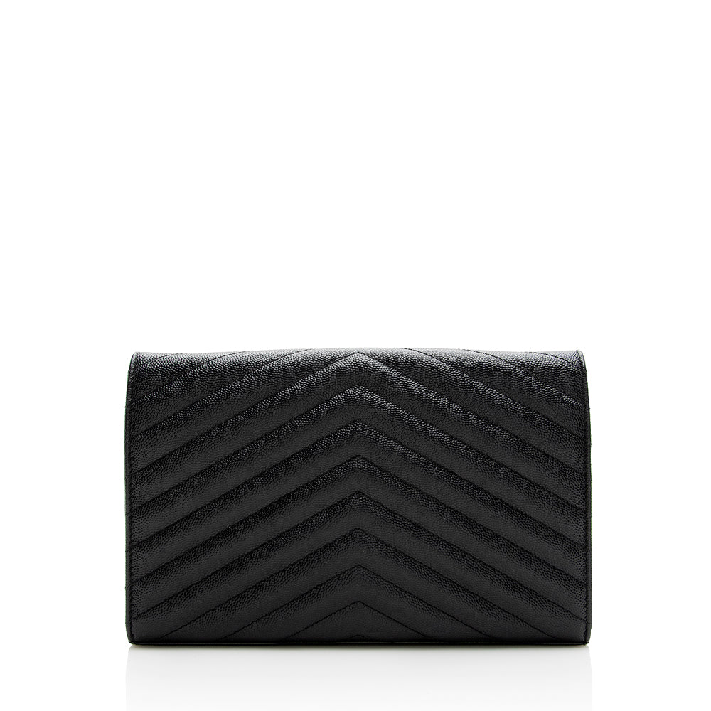 Saint Laurent Matelasse Grain de Poudre Matte Black Monogram Chain Wallet - FINAL SALE (SHF-20467)