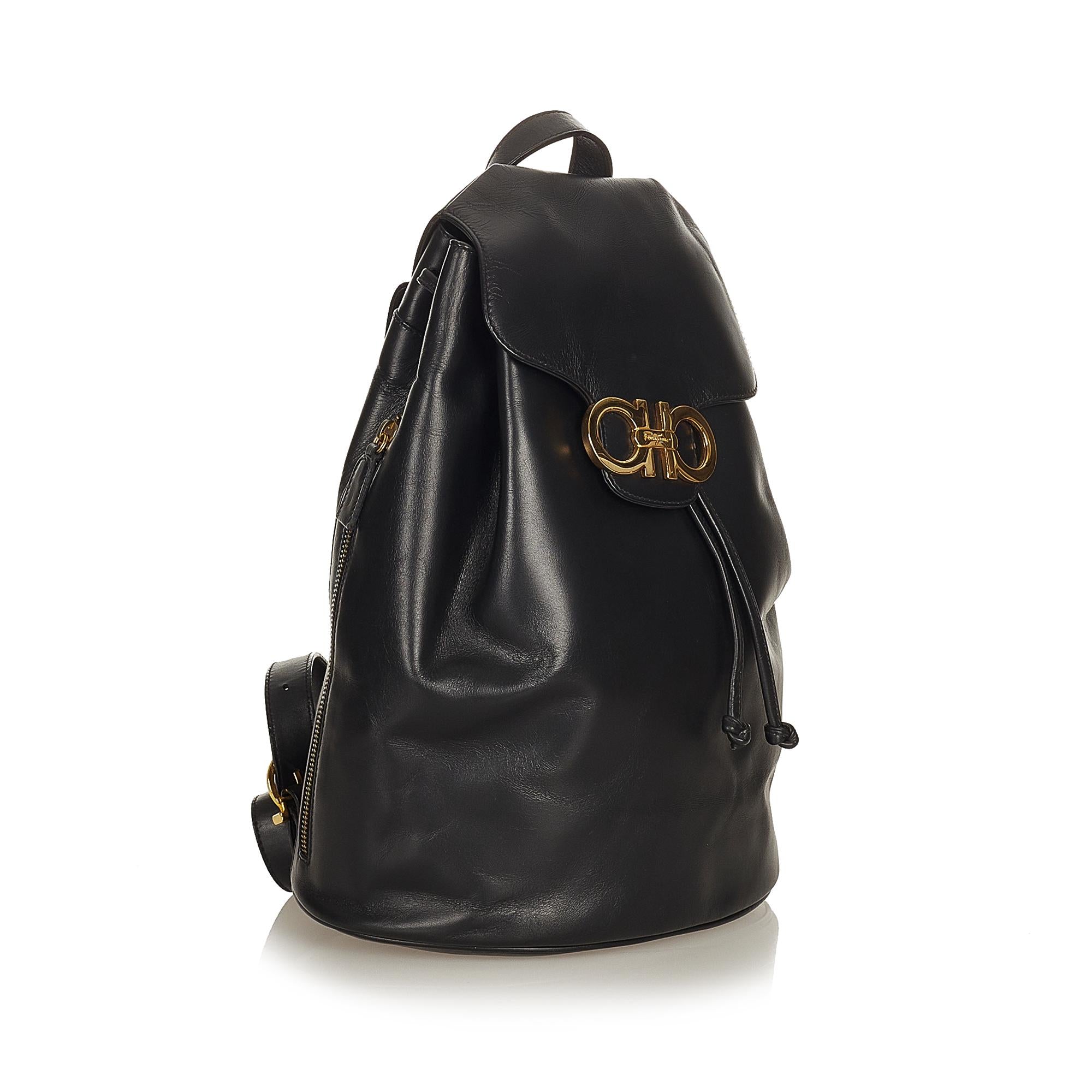 Salvatore Ferragamo Gancini Leather Drawstring Backpack (SHG-27077)